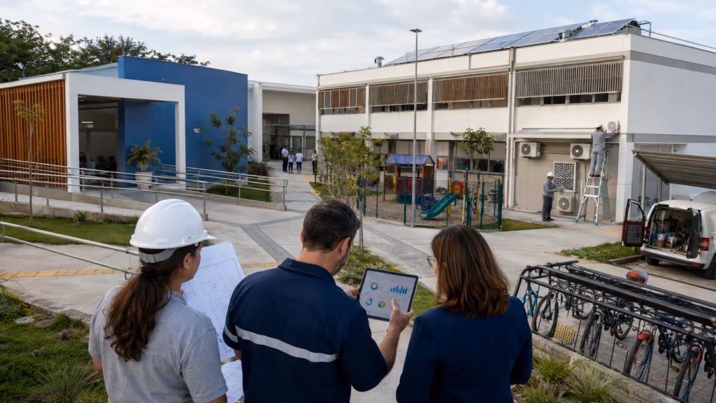 Profissionais acompanham indicadores da PPP da educação de Itajaí diante de um complexo escolar público com acessibilidade e manutenção predial.