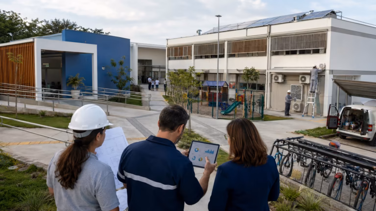 Profissionais acompanham indicadores da PPP da educação de Itajaí diante de um complexo escolar público com acessibilidade e manutenção predial.