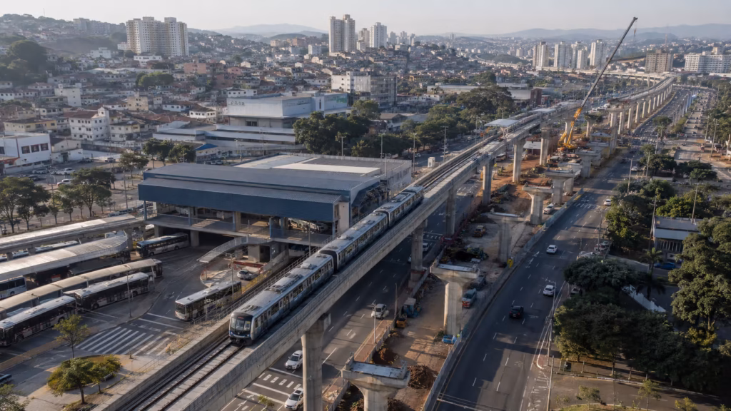 Investimentos metroferroviários com trem urbano circulando por uma grande região metropolitana