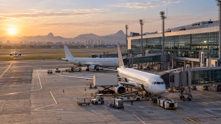 Concessões aeroportuárias com aeronaves estacionadas no pátio de um terminal brasileiro.