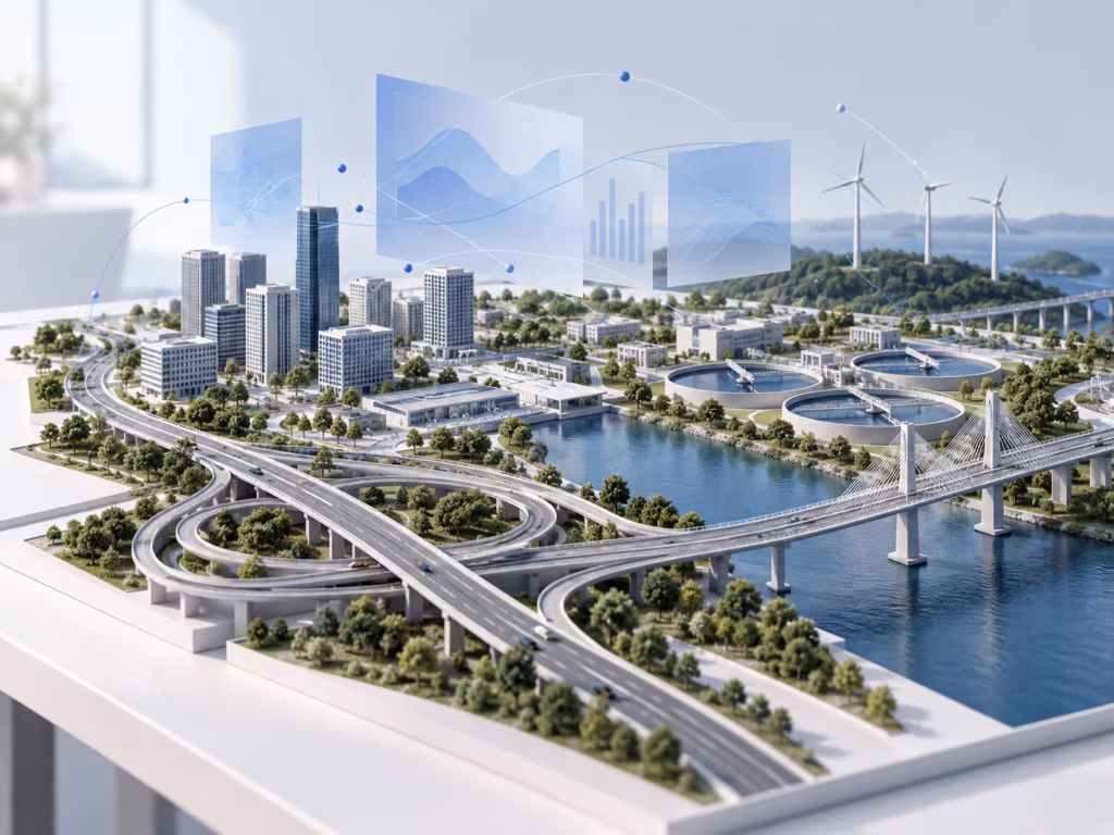 Ilustração de infraestrutura urbana, saneamento e energia integrada a elementos de análise de dados.