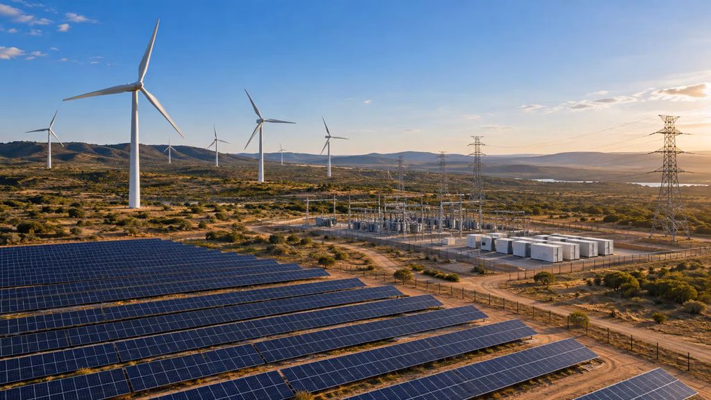 Parque eólico e painéis solares representam a possível retomada dos investimentos em energias renováveis no Brasil.