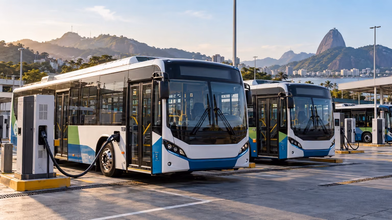 Ônibus elétricos em terminal urbano representam a PPP preparada pela Prefeitura do Rio e pelo BNDES
