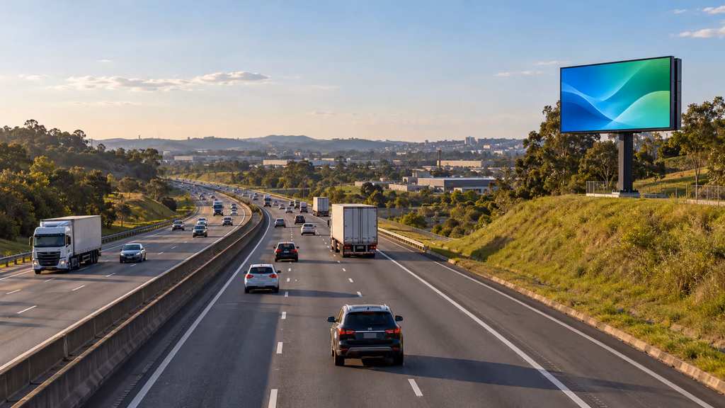 Painel de publicidade em rodovia concedida com fluxo de veículos em São Paulo