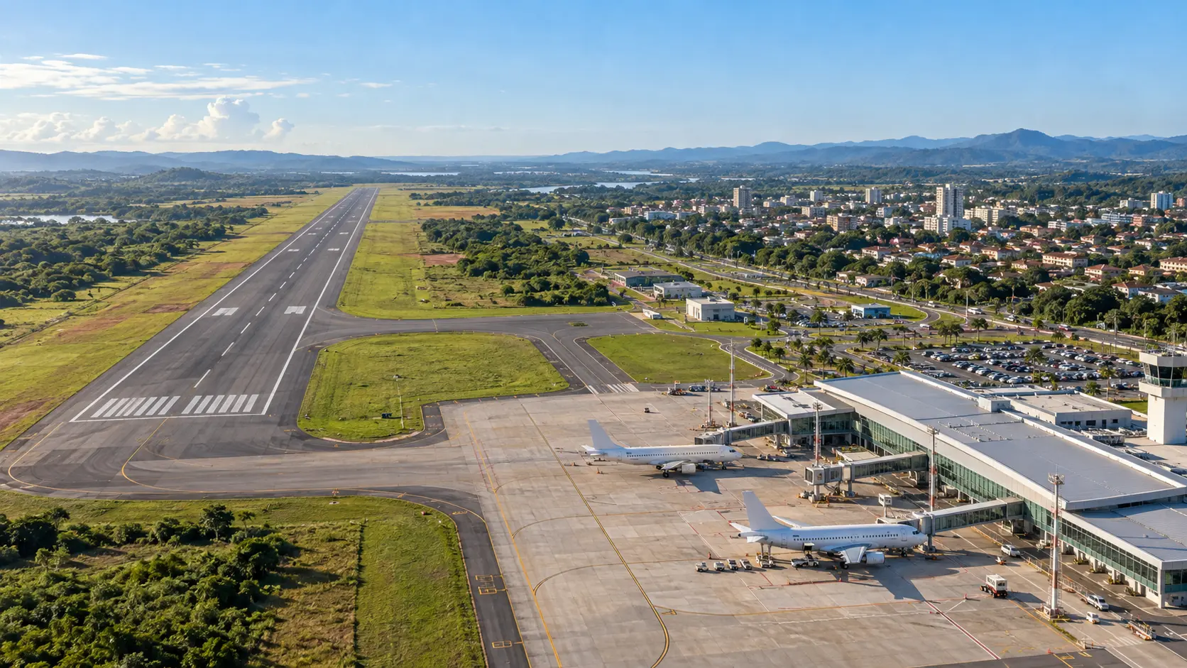 Vista aérea de aeroporto brasileiro com pista, terminal e aeronaves, representando o plano aeroviário nacional.
