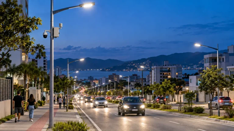 Via urbana de São José iluminada por LED, com infraestrutura para Cidade Inteligente e sistemas de monitoramento previstos na PPP.