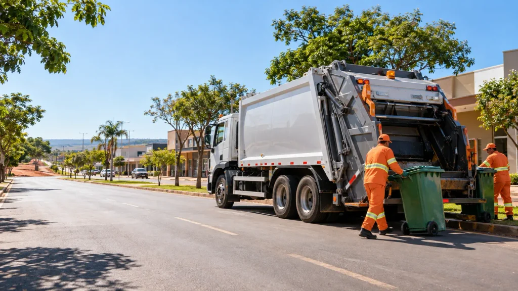 Caminhão de coleta de resíduos circula em avenida urbana de Ribas do Rio Pardo, tema da PPP de resíduos sólidos e limpeza urbana.