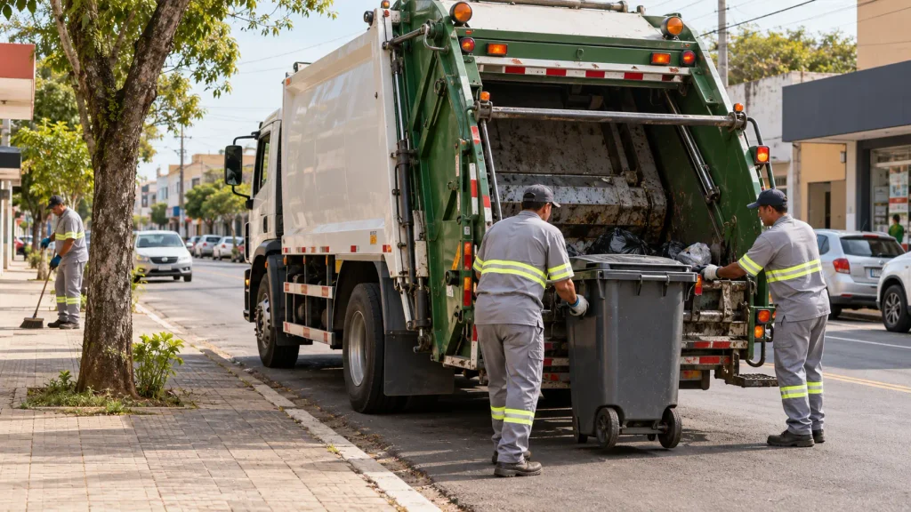 Caminhão de coleta de resíduos em via urbana ilustra a PPP de resíduos de Arapongas, cuja licitação está marcada para dezembro