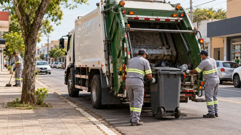 Caminhão de coleta de resíduos em via urbana ilustra a PPP de resíduos de Arapongas, cuja licitação está marcada para dezembro