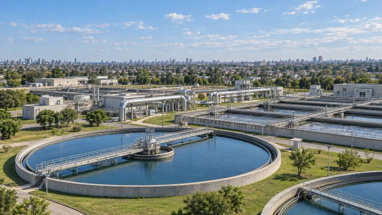Estação de tratamento e redes de saneamento em Buenos Aires, relacionadas à privatização da AySA e à proposta do consórcio com participação brasileira.