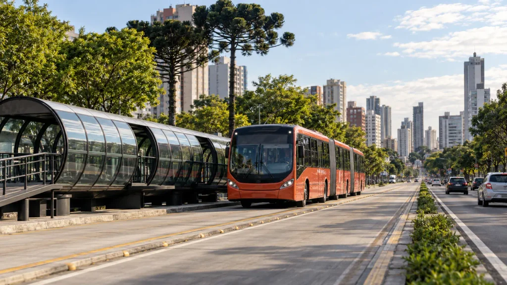 Ônibus biarticulado circula em corredor exclusivo de Curitiba, ilustrando a licitação do transporte coletivo de Curitiba e a integração metropolitana.