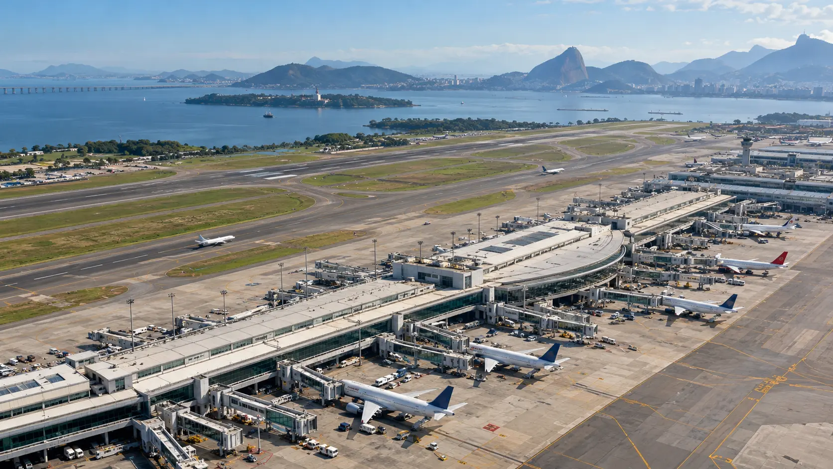 Vista aérea do Aeroporto Internacional do Galeão, no Rio de Janeiro, com pistas, terminais e aeronaves durante operação diurna.