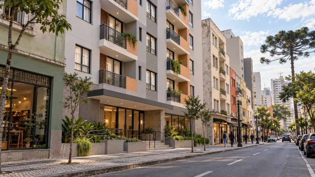 Edifícios residenciais na região central de Curitiba ilustram a proposta de PPP de aluguel social em Curitiba