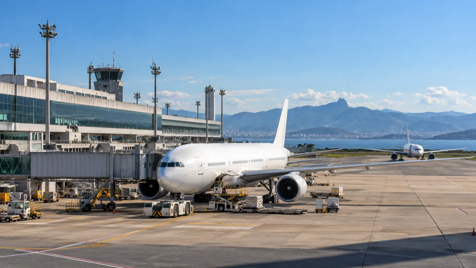 Hub internacional Galeão com pista, terminal e aeronaves em operação no Aeroporto Internacional Tom Jobim, no Rio de Janeiro.