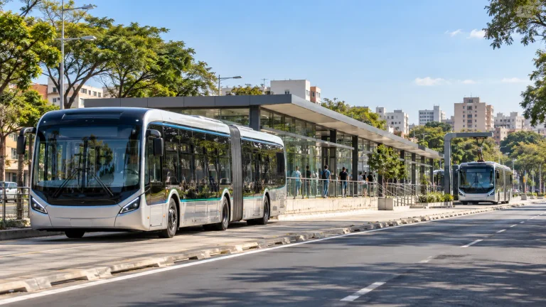 Ônibus elétricos em corredor BRT ao lado de plataforma de embarque representam a nova Concessão do transporte coletivo de Campinas.