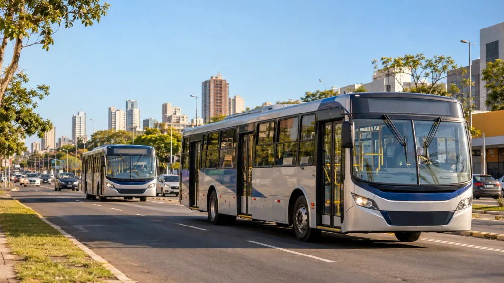 Ônibus do transporte coletivo circulam em avenida urbana de Campo Grande, tema da compra do Consórcio Guaicurus pelo Grupo HP.
