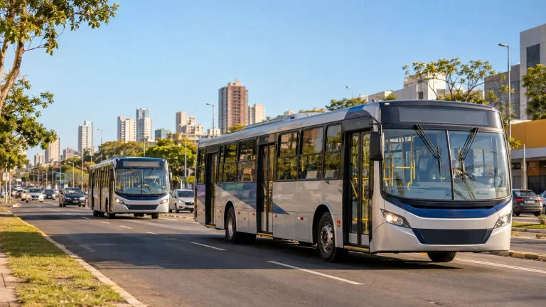 Ônibus do transporte coletivo circulam em avenida urbana de Campo Grande, tema da compra do Consórcio Guaicurus pelo Grupo HP.