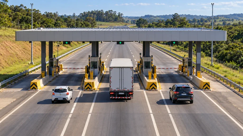 Rodovia brasileira duplicada com caminhões e carros em circulação, representando a transformação das Concessões rodoviárias no Brasil.