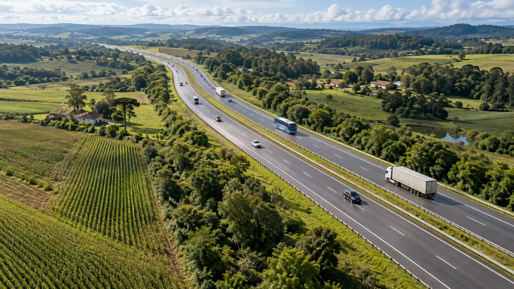 Vista aérea da RSC-287 no Rio Grande do Sul, rodovia administrada pela Concessionária Rota de Santa Maria e objeto de processo de reequilíbrio.