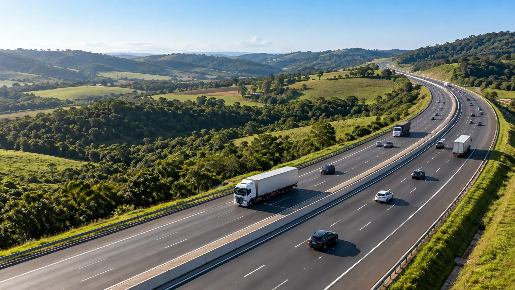 Rodovia brasileira com caminhões em faixas regulares representa a carteira de rodovias de 2027 e os novos projetos de Concessão.