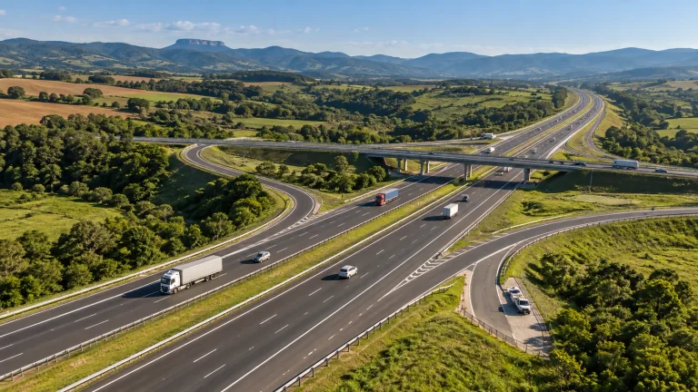 Rodovia federal brasileira concedida, com caminhões e veículos em circulação, representa a meta de ampliar a gestão privada até 2030.
