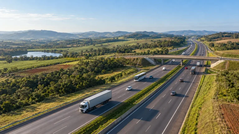 Rodovia federal brasileira com veículos em faixas corretas, ilustrando o debate sobre viabilidade das Concessões rodoviárias pós-2027.