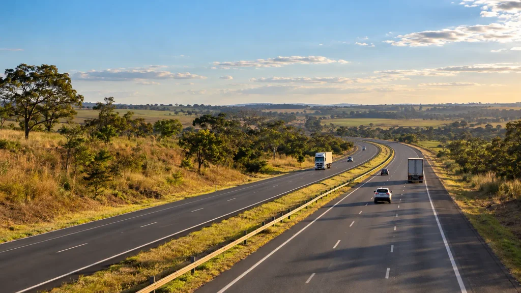Rodovia BR-262 em Minas Gerais, trecho da Rota do Zebu, com veículos em circulação e sinalização viária.