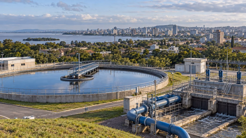 Concessão de saneamento em Porto Alegre com estação de tratamento, drenagem urbana e o Guaíba ao fundo.