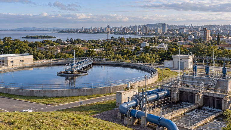 Concessão de saneamento em Porto Alegre com estação de tratamento, drenagem urbana e o Guaíba ao fundo.