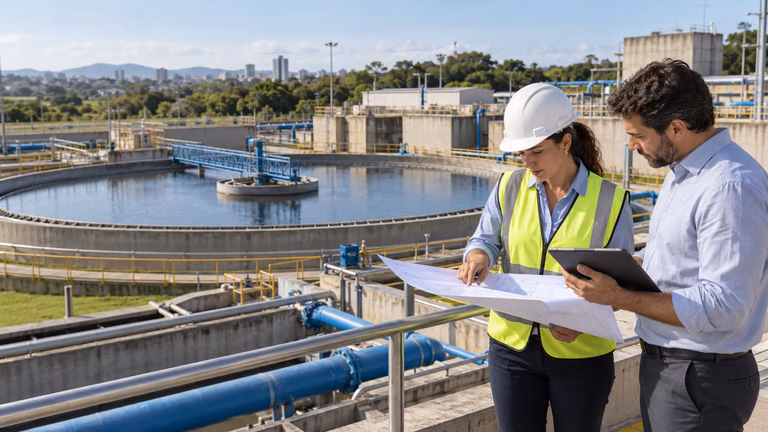 Investimentos em saneamento com estação de tratamento e engenheiro analisando projeto financeiro