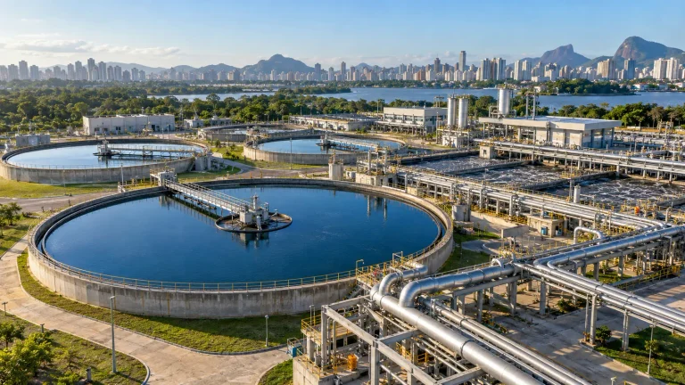 Estação de tratamento de água com tubulações, reservatórios e rede urbana representa as dívidas no saneamento brasileiro e o financiamento da infraestrutura.