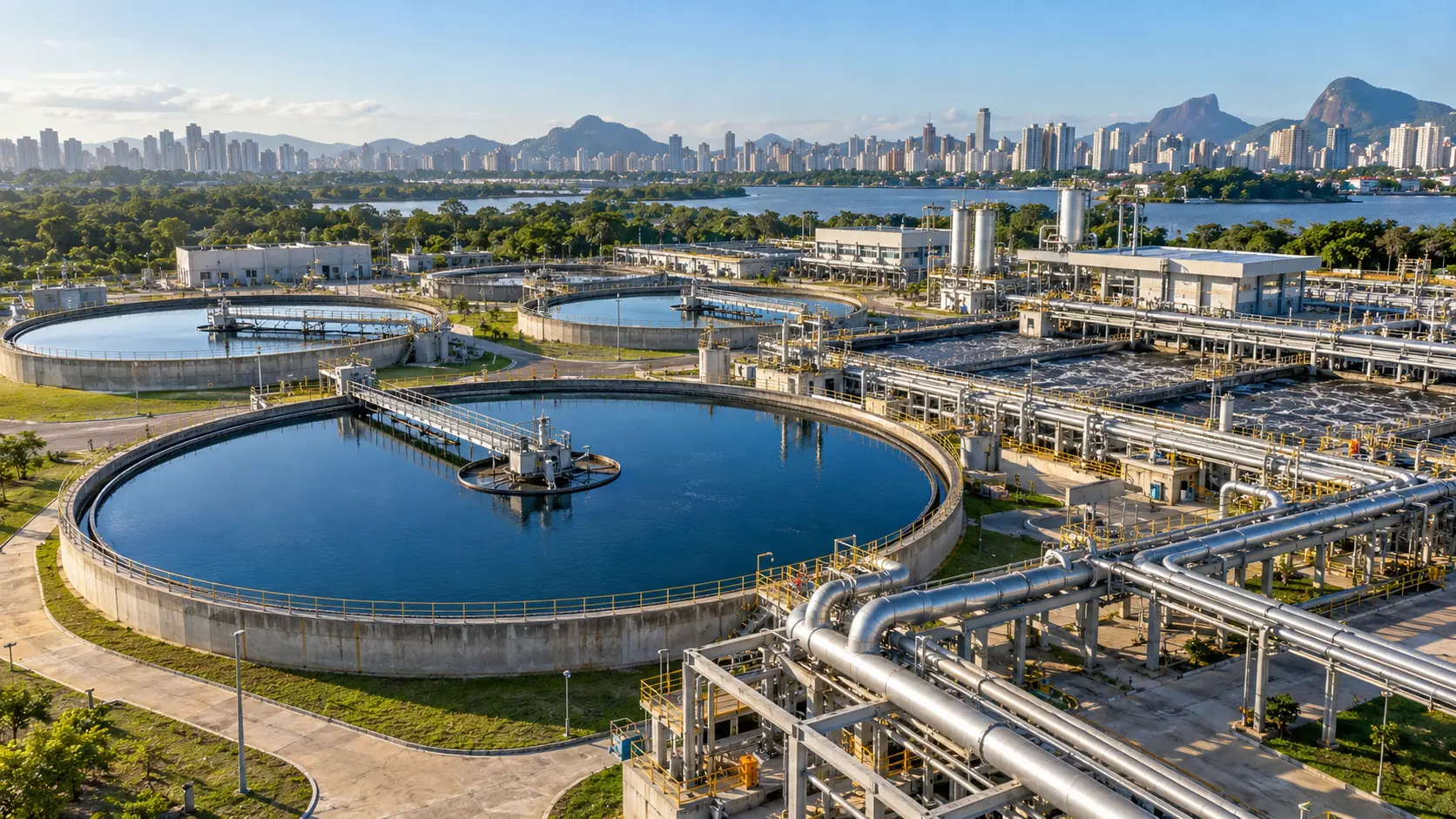 Estação de tratamento de água com tubulações, reservatórios e rede urbana representa as dívidas no saneamento brasileiro e o financiamento da infraestrutura.