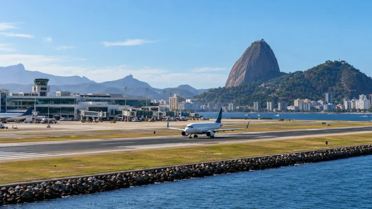 Concessão do Santos Dumont em debate, com vista do aeroporto no centro do Rio de Janeiro e a Baía de Guanabara.