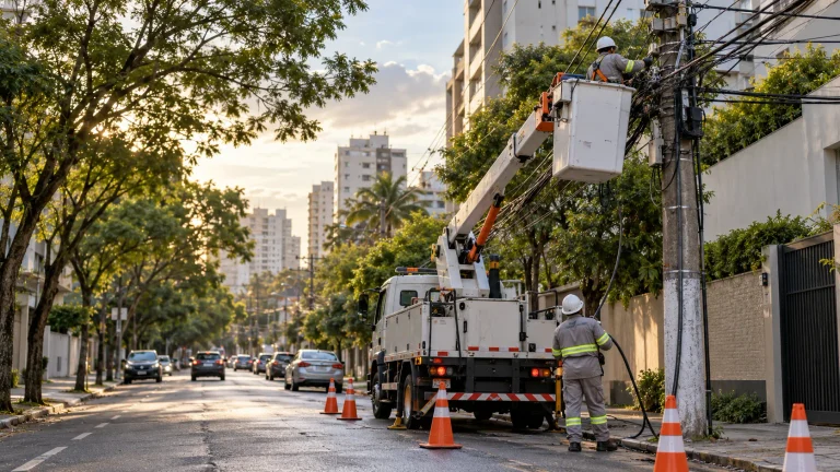Equipe técnica trabalha em rede elétrica urbana após apagão, ilustrando a multa da Enel em São Paulo.