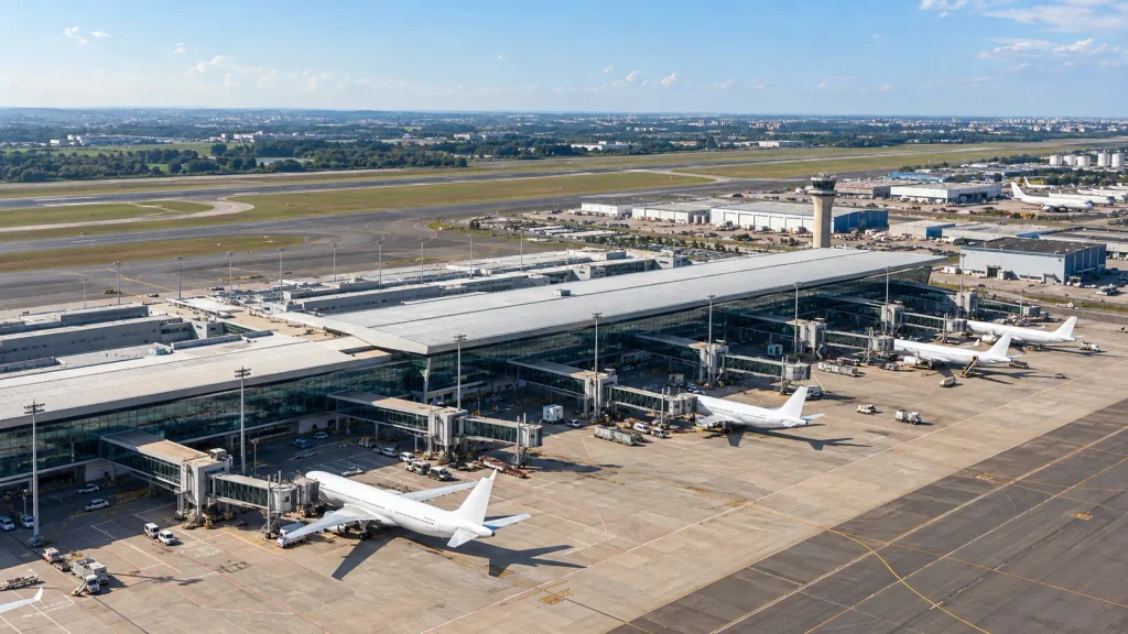 Vista aérea do Aeroporto Internacional de Viracopos, em Campinas, relacionado à repactuação da Concessão e aos investimentos previstos até 2030.