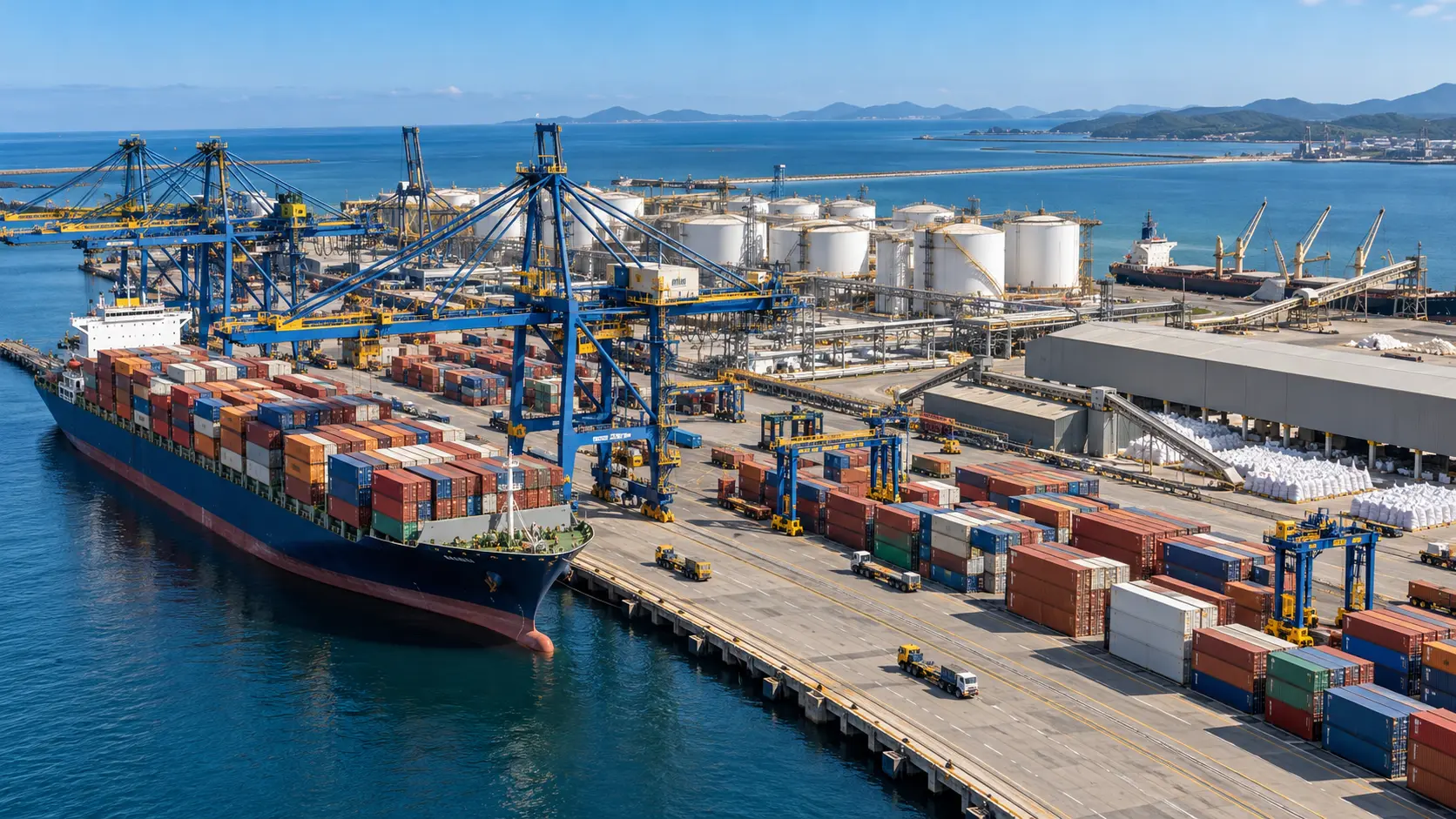 Terminal portuário com navio, contêineres e equipamentos de movimentação de cargas, representando os leilões portuários previstos para dezembro