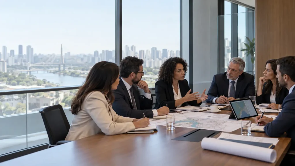 Reunião entre representantes do poder público e do setor privado para discutir cláusulas de contratos de Concessão.